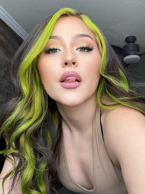 Green Hair Streaks, Under Hair Dye, Yellow Hair Color, Caring For Colored Hair, Neon Hair, Hair Streaks, Semi Permanent Hair Color, Yellow Hair, Dye My Hair