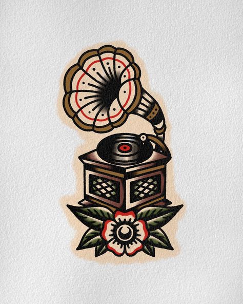 Some old time record player 🎶 What band have you been jamming lately? Let me know in the comments! 🤙🏼 #traditionaltattoo… | Instagram Record Traditional Tattoo, American Traditional Vinyl Record Tattoo, Vinyl Traditional Tattoo, Vinyl Record Tattoo Traditional, Traditional Record Tattoo, Gramophone Tattoo Traditional, Montreal Tattoo Ideas, Idles Band Tattoo, Music Traditional Tattoo