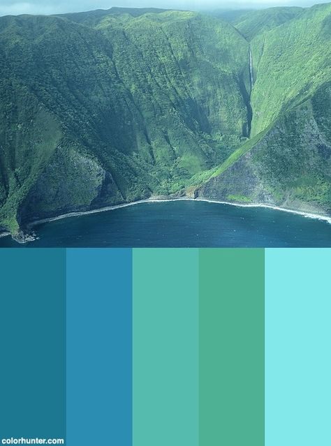 Molokai Waterfall James Brennan Molokai Hawaii Color Scheme Waterfall Color Palette, Greenish Blue Color Palette, Molokai Hawaii, Ocean Photos, Hawaiian Decor, Ocean Colors, Bluish Green, Green Colour Palette, Blue Colour Palette