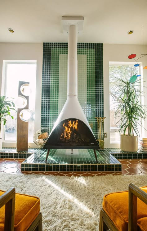 Midcentury Fireplace, Mosaic Tile Fireplace, Malm Fireplace, Mosaic Fireplace, Fireplace Design Ideas, Tile Fireplace, Tile Layout, Fireclay Tile, Freestanding Fireplace