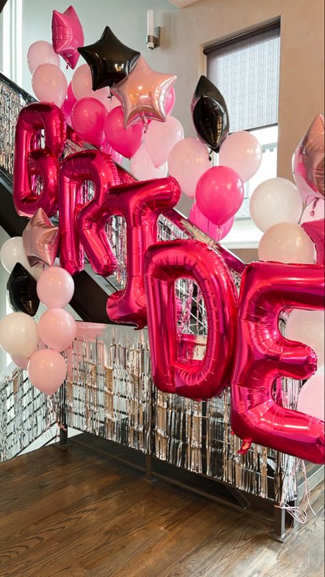 Pink Bride Balloons, Hot Pink And Black Bachelorette Party, Bachelorette Bathroom Decor, Bachelorette Party Ideas Hotel Room, Bachlorette Party Pink Theme, Pink And Black Bridal Shower Ideas, Pink Glitter Bachelorette Party, Shades Of Pink Bachelorette Party, Bachelorette Bride Room Decor