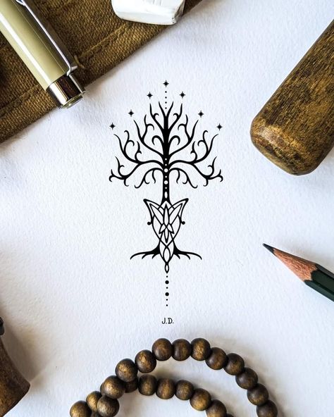 Lotr Couples Tattoo, Elvish Tattoo Ideas, Lotr Friendship Tattoo, Trees Of Valinor Tattoo, Rohan Lord Of The Rings Tattoo, Argonath Tattoo, Lord Of The Rings Drawing Easy, Silmarillion Tattoo, Divers Tattoo