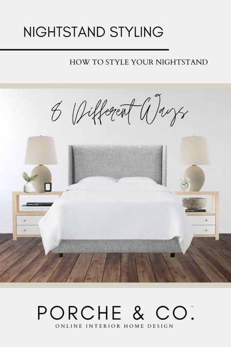 In the blog, we share 8 ways to style your bedroom nightstand. Learn the rules about choosing the correct height nightstand or side table for your bedroom. We also recommend decor style for nightstands. And, we share 8 great styling examples for nightstands. Nightstands | Bedroom Style | Bedside Table #stylingnighstand #bedroomideas Nightstands Bedroom, Style Bedside Table, Nightstand Styling, Nightstand Bedroom, Both Aesthetic, Bedroom Nightstand, Side Table Decor, Classic Bedroom, Bedroom Style