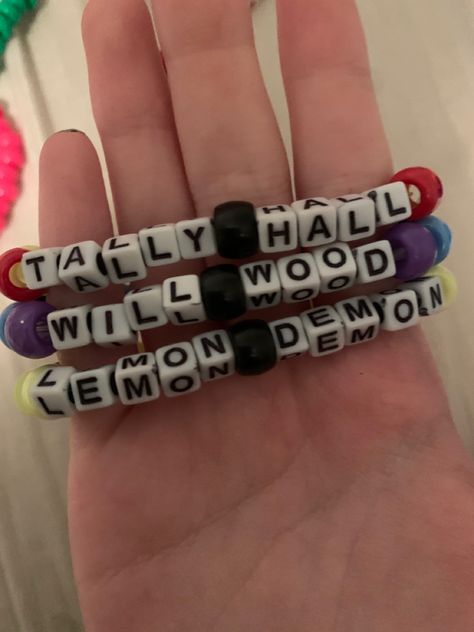 Trio Kandi Bracelets, Lemon Demon Bracelet, Tally Hall Bracelet, Funny Bracelets Beads Words, Funny Bracelets, Trio Bracelets, Kandi Singles, Kandi Inspo, Diy Kandi Bracelets