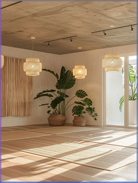 Tropical Yoga Studio, Yoga Room Aesthetic, Aesthetic Yoga Studio, Yoga Studio Design Interiors, Black Japandi, Yoga Interior Design, Modern Yoga Studio, Small Yoga Studio, Apartment Decor Wall