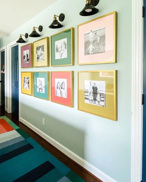 Gallery Wall Tutorial, Hallway Wall Decor Ideas, Picture Wall Ideas, Painted Vinyl Floors, Family Pictures On Wall, Florida Decor, Big Wall Decor, Gallery Wall Layout, Unique Gallery Wall