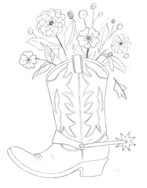 Cowboy boot with flowers Cowgirl Boots With Flowers Drawing, Flowers In Cowboy Boots Drawing, Cowboy Boot Outline Drawing, Cowboy Boot Acrylic Painting, Single Line Cowboy Boot Tattoo, Easy Boot Drawing, Cowgirl Boot With Flowers Drawing, Cowboy Boots With Flowers Painting, Flowers In Boots Drawing