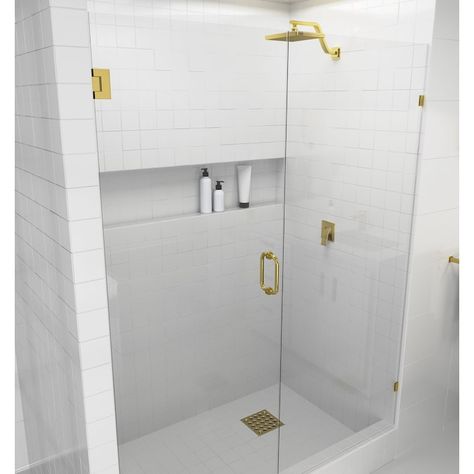 Glass Warehouse 58-in to 58-1/2-in W x 78-in H Single Frameless Hinged Polished Brass Standard Shower Door (Clear Glass) in the Shower Doors department at Lowes.com Brushed Nickel Shower Door, Cleaning Shower Glass, Chrome Shower Door, Frameless Hinged Shower Door, Shower Door Installation, Frameless Door, Basin Bathroom, Frameless Shower Door, Bathtub Doors