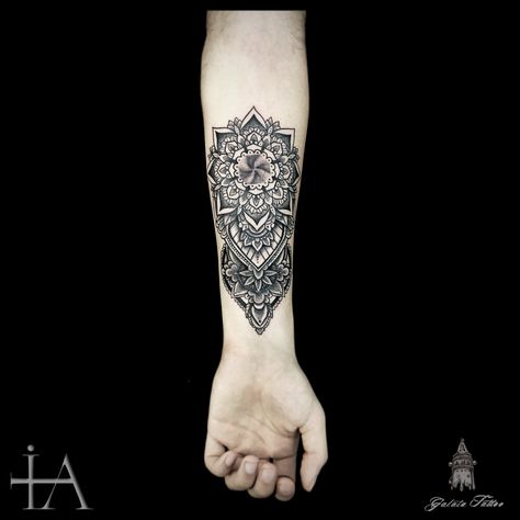 dotwork mandala tattoo Forearm Mandala Tattoo, Badger Tattoo, Mandala Tattoo Men, Inner Forearm, Nightmare Before Christmas Tattoo, Zodiac Sign Tattoos, Bunny Tattoos, Shark Tattoos, Line Flower