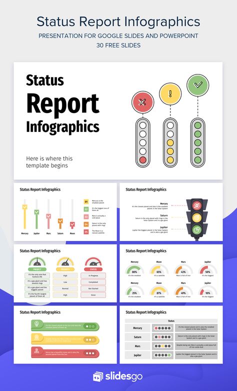 Include these infographics to improve the visuals of your status reports. They’re free and can be inserted into Google Slides or PowerPoint presentations! Status Report Design, Project Status Report Templates, Reports Design, Kpi Business, Project Management Infographic, Status Report Template, Project Status Report, Project Report, Agile Project Management