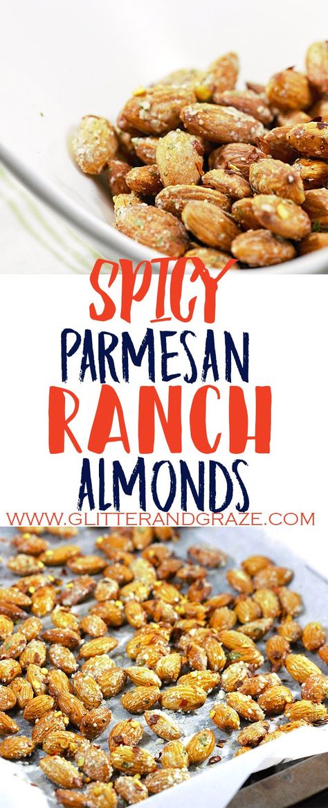 spicy Parmesan ranch almonds Ranch Almonds Recipe, Seasoned Nuts, Parmesan Ranch, Spicy Ranch, Spicy Almonds, Almond Snack, Flavored Nuts, Almonds Recipe, Healthy School Snacks