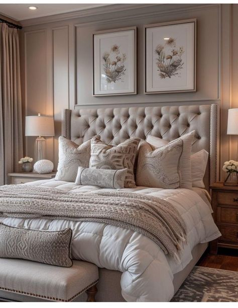 Fancy Small Bedroom Ideas, Neutral Bedroom With Grey Walls, White And Silver Bedroom, Masters Bedroom, Wall Framing, Silver Bedroom, Ideas Decoracion, Classy Bedroom, Bedroom Redo