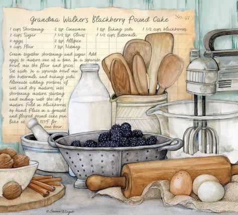 Susan Winget🎨 - A Potpourri Of Likes Baking Portfolio, Baking Drawing, Cooking Illustration, رسم كاريكاتير, Recipe Book Diy, Baked Good, House Cartoon, Recipe Journal, Baking Art