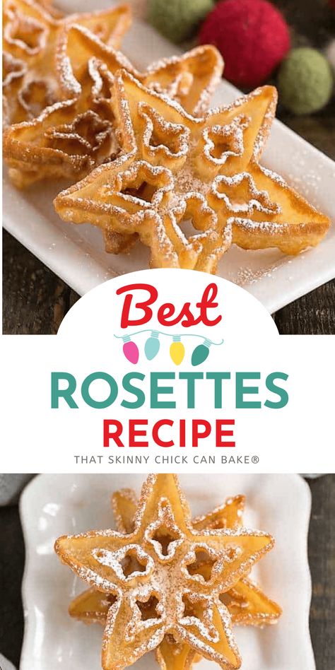 Rosettes Cookies - delicate, exquisite deep-fried cookies that are perfect for the holidays! A Scandinavian dessert that's a Christmas tradition! Sprinkled with powdered sugar like the fallen snow, these beauties are terrific for gifting or family celebrations! Rosettes Recipe, Rosettes Cookie Recipe, Rosette Recipe, How To Make Rosettes, Rosette Cookies, Truffle Cookies, Cream Cheese Sugar Cookies, Fried Dessert, Best Sugar Cookie Recipe