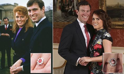 Princess Eugenie's padparadscha sapphire, surrounded by diamonds and set on a gold band, is a rare type of gem corundum and an unusual choice for an engagement ring. Princess Eugene, Royal Engagement Rings, Mannequin Hand, Round Cut Ring, Types Of Gems, Reine Elizabeth, Sarah Ferguson, Royal Prince, Duchess Of York