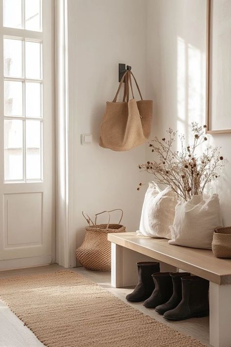 Scandinavian Entryway, Minimalist Entryway, Entryway Inspiration, Rustic Entryway, Entry Bench, Elegant Interior Design, Entry Way Design, Scandinavian Decor, Natural Elements