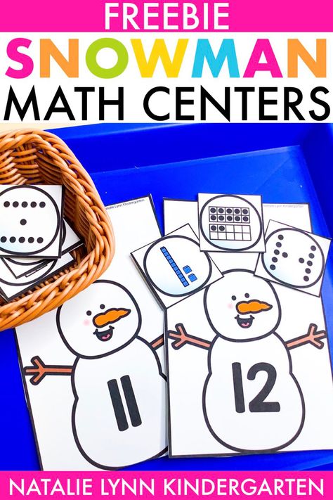 These free snowman winter math centers are perfect for kindergarten and first grade! These winter math games include sorting by number sense and addition and subtraction December Math Activities Kindergarten, December Math Centers Kindergarten, Snowman Math Preschool, Christmas Math Kindergarten Free, Winter Math Activities Preschool, Snowman Kindergarten, Christmas Math Kindergarten, Center Ideas For Kindergarten, Learning Centers Kindergarten