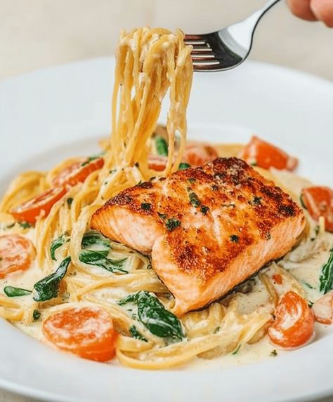 Healthy & Creamy Tuscan Salmon Pasta Recipe Salmon Pasta Sundried Tomato, Creamy Tuscan Salmon Pasta, Salmon And Pasta Recipes Healthy, Salmon With Pasta Recipes, Tuscan Salmon Pasta, Salmon With Pasta, Tenderloin Roast Recipe, Salmon Fettuccine, Seafood Lasagna Recipe