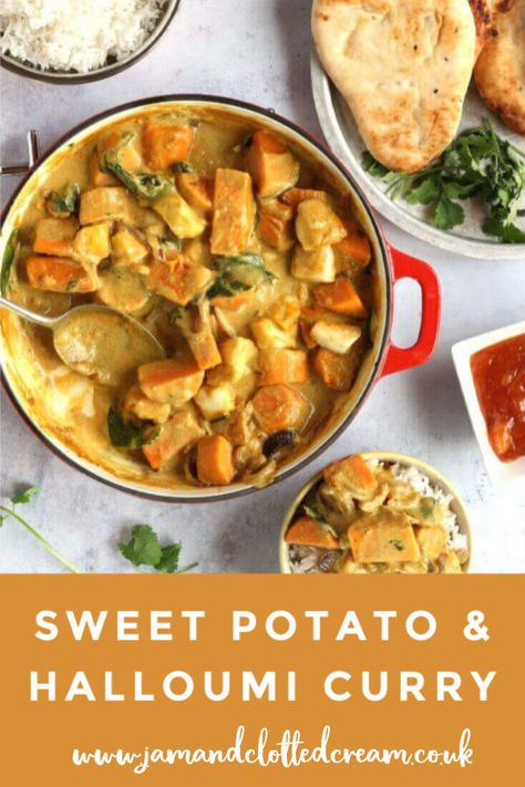 Sweet Potato and Halloumi Curry #curry #halloumicurry #sweetpotato Halloumi Sweet Potato, Halloumi Curry, Uni Recipes, Halloumi Cheese Recipes, Haloumi Recipes, Curry Vegetarian, Uk Food, Sweet Potato Curry, Vegetarian Curry