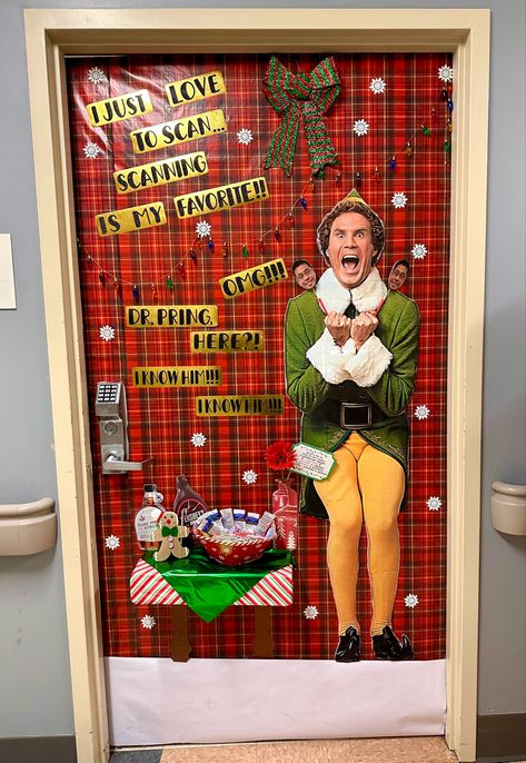 Buddy The Elf Diy Decorations, Nurse Christmas Door, Christmas Door Competition Ideas, Elf Christmas Office Decorations, Elf Movie Door Decorating Contest, Classroom Holiday Door Decorating, Elf Christmas Door Decorations, Buddy The Elf Classroom Door, Elf The Movie Christmas Decorations