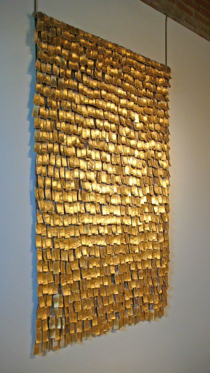 Astonishing abstract tapestry titled 'Alquimia XXV' by internationally known Colombian textile artist Olga De Amaral. Hand crafted from Gold-leaf and gesso applied over woven elements of Linen. Over the past 10 years, major exhibitions of de Kolage Art, Abstract Tapestry, Leather Tops, Textile Fiber Art, Textile Artist, Gold Paper, Sculpture Installation, Gold Art, Wall Deco