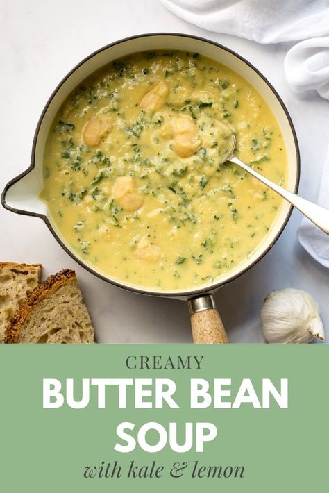 Butter Bean Soup with kale and lemon Butter Bean Mash, Bean Soup With Kale, Curried Parsnip Soup, Bean Mash, Butter Bean Soup, Vegan Winter Recipes, Soup With Kale, Butter Beans Recipe, Cheap Vegan Meals