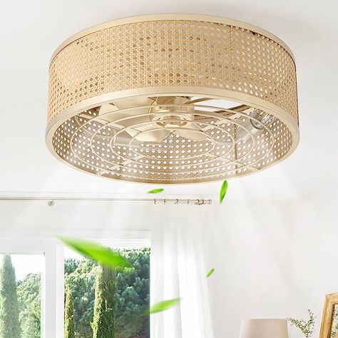 Rattan Flush Mount, Caged Ceiling Fan With Light, Flush Ceiling Fans, Fan Light Fixtures, Rattan Ceiling, Bedroom Fan, Living Room Ceiling Fan, Rattan Light Fixture, Low Ceiling Lighting