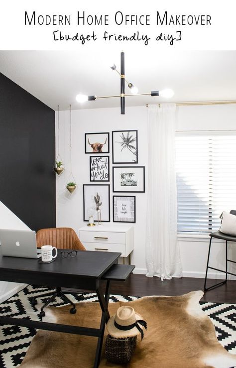 DIY Budget Friendly Modern Home Office Makeover | Hudson Valley Lighting | CG Home Interiors. #office #officedecor #officemakeovers #officeorganization #professionalorganizer Budget Office Makeover, Home Office Themes, Diy Home Office On A Budget, Apartment Office Ideas, Office Makeover On A Budget, Office Makeover Diy, Office Ideas Work, Cool Home Office, Home Office Inspo