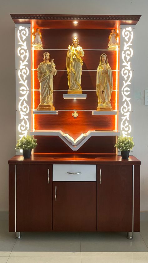 Prayer Unit Design Christian, Christian Altar Ideas For Home, Prayer Area Ideas Home Christian, Christian Prayer Room Design, Wall Altar Ideas Catholic, Simple Tv Unit Design, Christian Room Decor, Altar Catholic, Temple Room