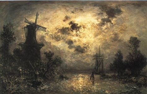 Johan Barthold Jongking 1870 - A moonlit river landscape Barbizon School, River Landscape, Dark Romantic, Night Landscape, Landscape Artist, Oil Painting Landscape, Vintage Ads, Impressionism, Classic Art