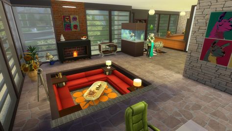 A 1970's style house with a conversation pit. Groovy! Sims 4 Living Room Ideas, Sims 4 Living Room, Living Room Sims 4, Conversation Pit, Patio Pond, Sunken Living Room, Sims 4 Expansions, Sims Building, Sims 4 Build