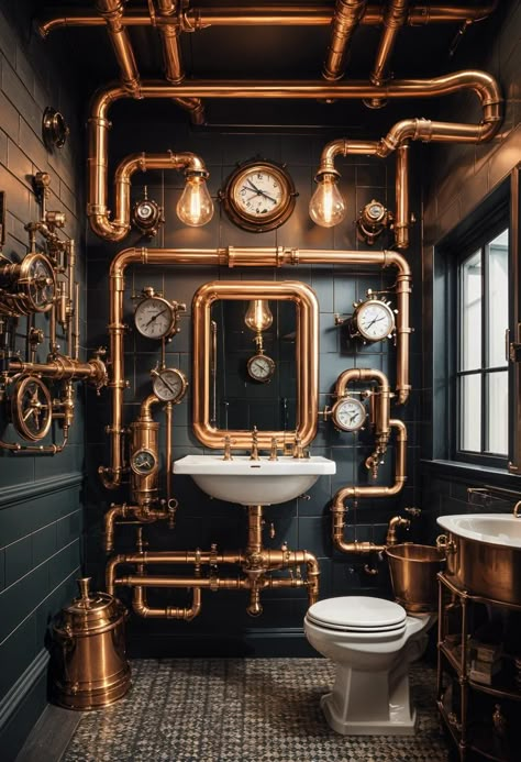 Industrial Jungle, Home Bathroom Design, Bathroom Wall Tiles Design, Modern Home Bathroom, Steampunk Bathroom, Boy Bathroom, Steampunk Interior, 2024 Bathroom, Small Bathroom Design Ideas