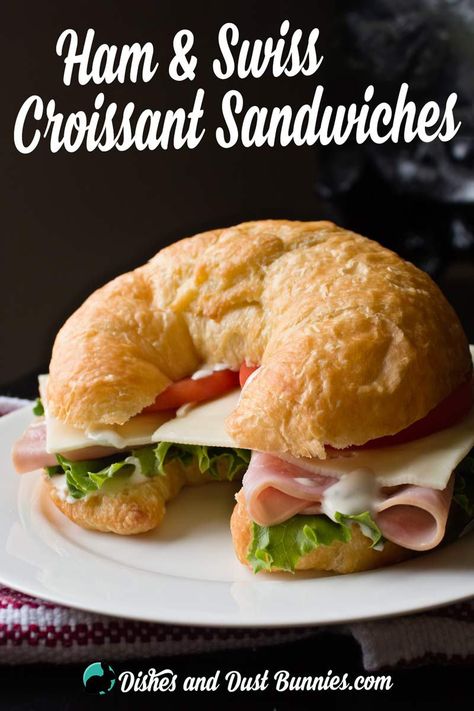 Ham and Swiss Croissant Sandwiches from dishesanddustbunnies.com Shower Menu Ideas Lunches, Bridal Shower Menu Ideas Lunches, Ham And Swiss Croissant, Crossaint Sandwich, Bridal Shower Menu Ideas, Shower Menu Ideas, Ideas For Bridal Shower, Croissant Sandwiches, Sandwich Wraps Recipes