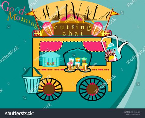 Chai Stall Design, Chai Tapri Illustration, Tea Stall Illustration, Chai Illustration Indian, Tea Stall Design, Tea Stall Drawing, Chai Doodle, Chai Stall, Chai Poster