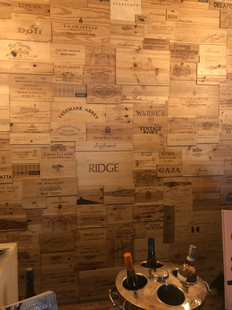 Wine box wall Wine Crate Wall, Wine Crate Paneling, Wine Box Ideas, Wine Box Wall, Wine Cellar Closet, Crate Wall, Bottle Design Ideas, Wine Room Ideas, Wooden Pallet Wall