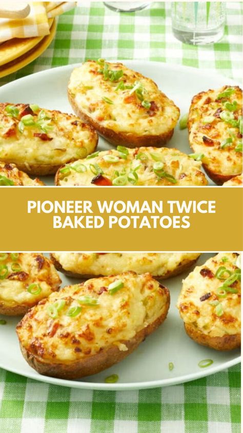 This delicious Pioneer Woman Twice Baked Potatoes recipe is a creamy and cheesy side dish that’s both quick and easy to make. With crispy potato skins and a flavorful filling of bacon, sour cream, and cheddar, it’s a perfect comfort food. You can easily customize with your favorite ingredients! Twiced Baked Mashed Potato, Paula Deen Twice Baked Potatoes, Ree Drummond Twice Baked Potatoes, Yummy Baked Potatoes, Cheesy Twice Baked Potatoes, Two Ed Baked Potatoes, Deep Fried Twice Baked Potatoes, Twice Baked Potatoes Make Ahead, Potato Recipes Using Russet Potatoes