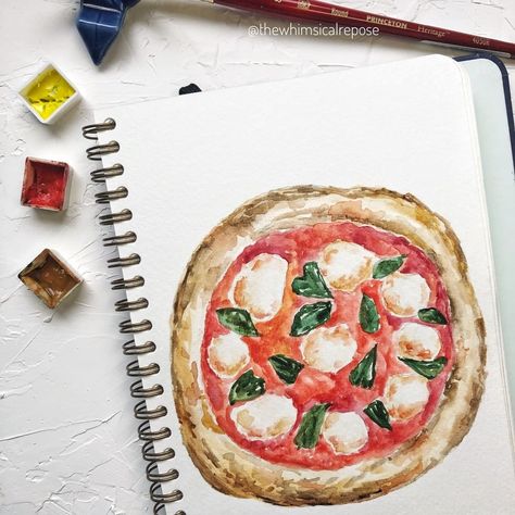 All Too Well Painting, Watercolour Objects, Food To Draw, Watercolor Art Food, Pizza Sketch, Dish Drawing, Peter Rabbit Wallpaper, Pizza Painting, Pizza Watercolor