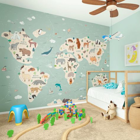 Playroom Wallpaper, Map Wall Mural, Map Murals, Maps For Kids, World Map Wallpaper, Map Wallpaper, World Map Wall, Smooth Walls, Wallpaper Decor