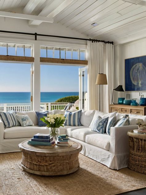 Coastal Living Room Ideas, Coastal Design Style, Vineyard House, Serene Home, Light Colored Furniture, Beach House Living Room, Beach Interior, Seaside Living, Dream Beach Houses