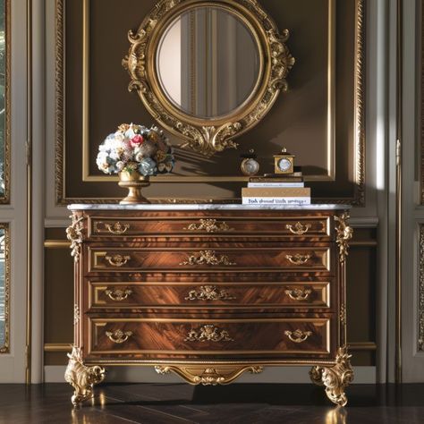 "Elevate your bedroom with the luxurious touch of our dark walnut vintage dresser. Its ornate carvings and marble top add a dash of opulence, making it a majestic addition to any room. 🌟💼 #VintageLuxury #RefinedDecor" Marble Top Dresser, Polished Wood, Vintage Dresser, Vintage Dressers, Wood Polish, Cozy Bedding, Brass Accents, Wood Work, Dark Walnut