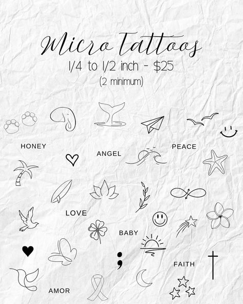 🌿 I’ve been getting a lot of requests for simple, tiny tattoos, so here they are micro-sized. The minimum size is a quarter of an inch, so that’s half of half an inch for size reference. You can go up to 1/2 an inch. Every 1/2 inch size increase will be an additional $15. Keep in mind that some designs can only be a minimum of 1/2 an inch. I will confirm minimum size requirements during your inquiries. You can also request these in a single color for additional cost. I have a variation o... 1/2 Inch Tattoo, 1 Inch Tattoos For Women, Tiny Tats For Women, 2 Inch Tattoo Ideas For Women, Micro Tattoos For Women With Meaning, Microtattoo For Women, Keep Going Tattoos For Women, Simple Tiny Tattoos, Quarter Size Tattoos