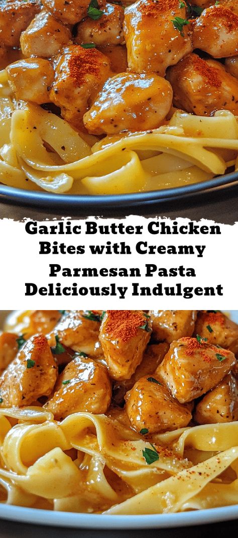 Satisfy your cravings with this irresistible Garlic Butter Chicken Bites with Creamy Parmesan Pasta! This quick and easy recipe combines succulent chicken bites tossed in garlic butter with velvety creamy pasta, making it a perfect dish for family dinners or date nights. With just 10 minutes of prep and 30 minutes of cook time, this comforting meal is both indulgent and accessible. Explore variations like shrimp or dairy-free ingredients to personalize it to your taste. Pair it with a Dairy Free Chicken And Pasta Recipes, Butter Noodles And Chicken, Low Sodium Pasta Recipes, Chicken And Pasta Recipes Easy, Creamy Parmesan Pasta, Chicken And Pasta Recipes, Garlic Butter Chicken Bites, Butter Chicken Bites, Pasta Recipes Easy