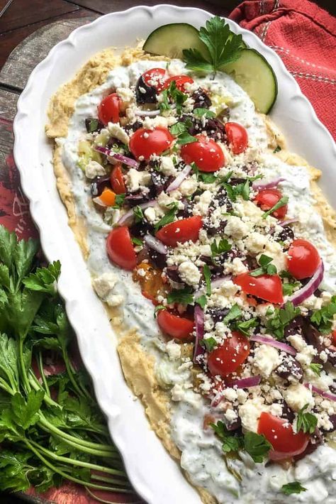 Greek 7 Layer Dip, Layered Hummus Dip, Layered Hummus, Greek Dip Recipes, Layer Dip Recipe, 7 Layer Dip Recipe, Greek Dip, Layered Dip Recipes, 7 Layer Dip