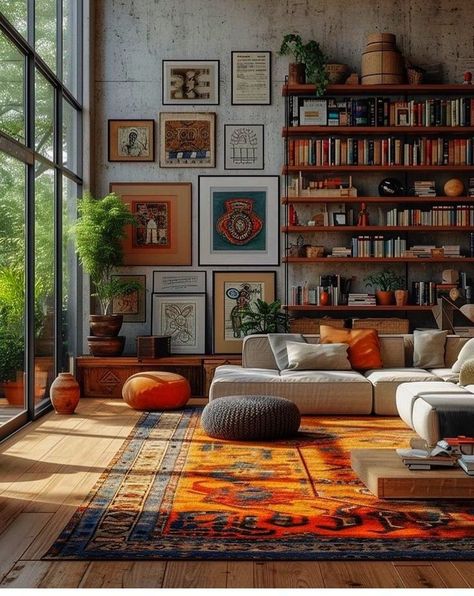 Contemporary Mid Century Living Room, Cozy Tv Rooms, Bar Living Room Ideas, Artist Apartment Aesthetic, Earthy Eclectic Living Room, Cozy Apartment Living Room Ideas, Retro Boho Living Room, Living Room Designs High Ceilings, Library Living Room Ideas