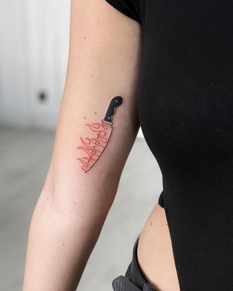 Knife On Fire Tattoo, Fire Ankle Tattoo, Minimalist Knife Tattoo, Fire Theme Tattoo, Aries Fire Tattoo For Women, Knife Tattoo Simple, Foodie Tattoos Ideas, Knife Tattoo Women, Meat Cleaver Tattoo