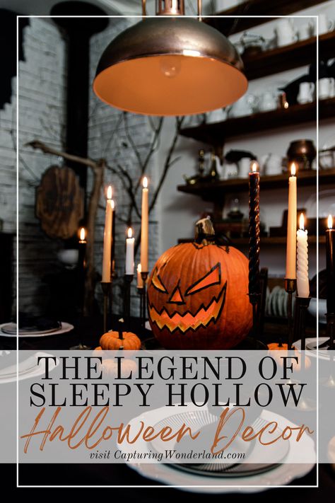 Sleepy Hallow Halloween Yard, Headless Horseman Halloween Decorations, Sleepy Hallow Halloween Decor, Legend Of Sleepy Hollow Party, Sleepy Hollow Decorations Diy, Sleepy Hollow Feast, Sleepy Hallow Halloween Decorations, Sleepy Hollow Themed Food, Sleepy Hollow Movie Aesthetic