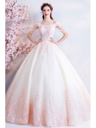 Dreamy Princess White And Pink Ball Gown Wedding Dress Off Shoulder Pink And White Wedding Dress, Pink Wedding Gowns, Pink Ball Gown, White Ball Gowns, Applique Wedding, Pink Wedding Dress, Applique Wedding Dress, Pink Tulle, White Wedding Dresses