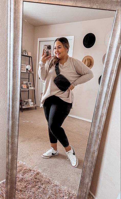 Pink blush sweater athletic casual weekend outfit Plus Size Outfit With Leggings, Plus Casual Fall Outfits, Cute Outfits With Leggings Plus Size, Nanny Work Outfits, Casual Blazer Outfits Plus Size, Women’s Plus Size Outfits, Altheisure Style Plus Size, Fall Mom Outfits 2023 Plus Size, Casual Athletic Outfits Summer Plus Size