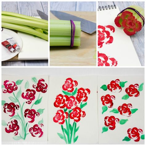 (Red roses Day) Celery stamping! 2-5th grade. Preschool Crafts Ideas, Vegetable Printing, Preschool Craft Ideas, Printing Flowers, Vegetable Painting, Kids Vegetables, Preschool Craft, Rose Crafts, Vegetable Prints