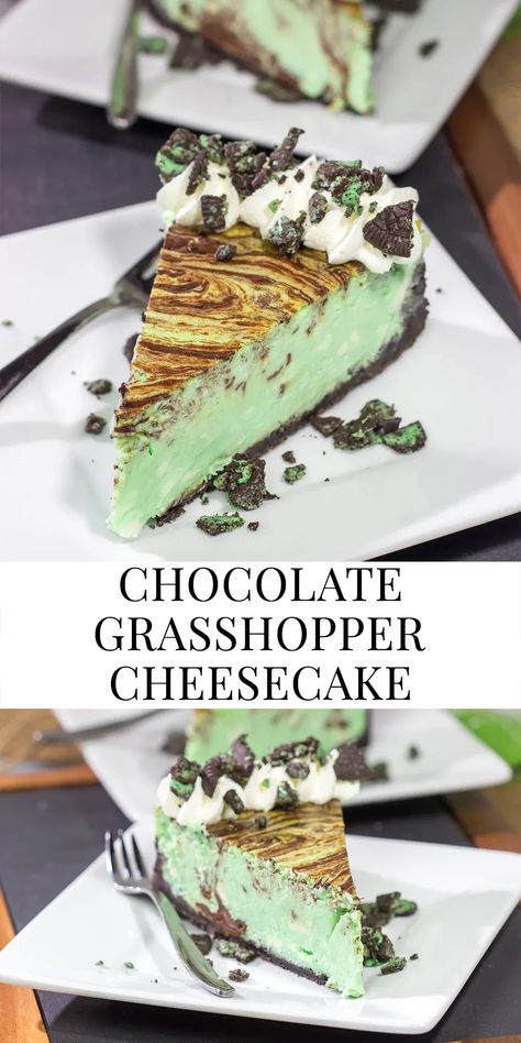 Based on the popular cocktail, this Chocolate Grasshopper Cheesecake features a mint chocolate filling on top of an Oreo crust. It's a delicious and unique dessert! Grasshopper Cheesecake Recipe, Grasshopper Cheesecake, Unique Cheesecake, Mint Chocolate Cheesecake, Mint Desserts, Mint Cheesecake, Spring Recipes Dessert, Chocolate Mint Cookies, Yummy Cheesecake